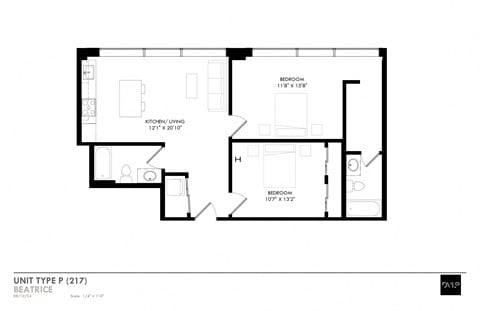 Floor plan for 2 beds, 2 baths, 956 sqft